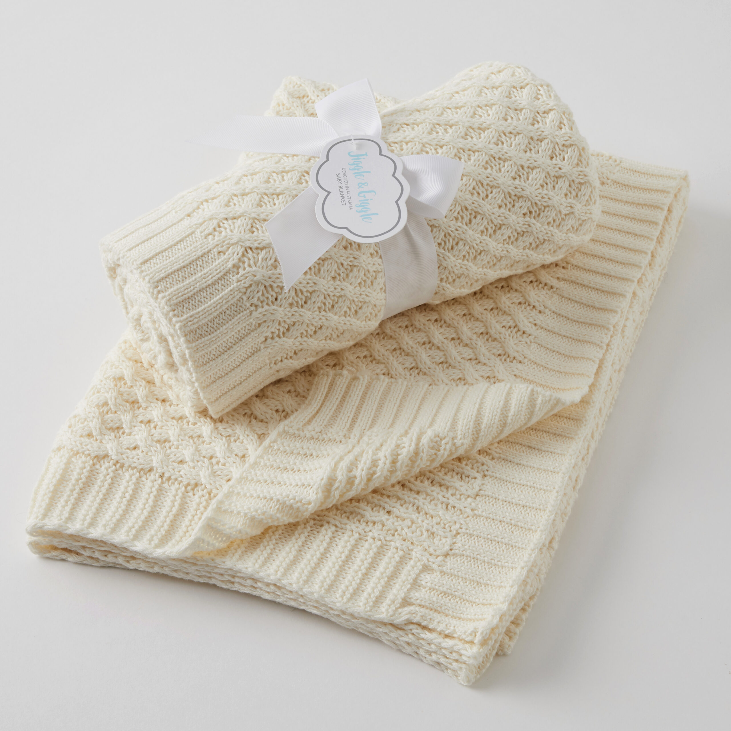 CREAM BASKET WEAVE KNIT BLANKET